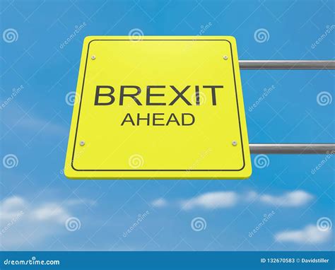 Yellow Road Sign Brexit Ahead Against A Cloudy Sky Stock Illustration