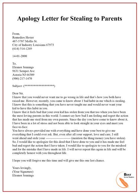 Apology Letter For Stealing To Parents Best Letter Template