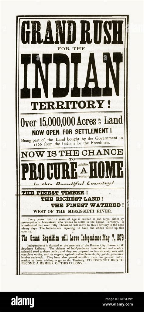 Oklahoma Land Rush Advertisement Engraving 1879 Stock Photo Alamy