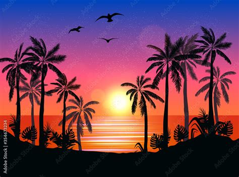 Summer Beach Night Palm Silhouettes On Summer Sunset With Beautiful