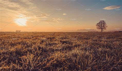 Sunrise Over The Field High Quality Nature Stock Photos ~ Creative Market