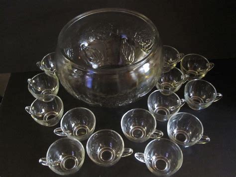 Vintage Indiana Glass Rose Celebration Punch Bowl Set 14 Glasses Clear Indiana Glass Punch