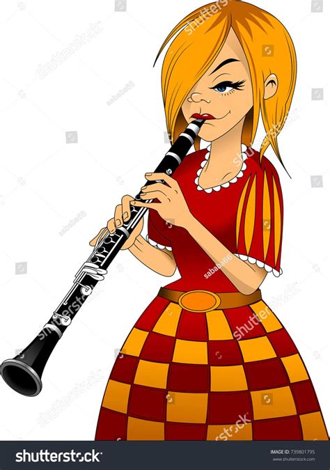 Woman Playing Clarinet Colorful Cute Illustration Stockvektor