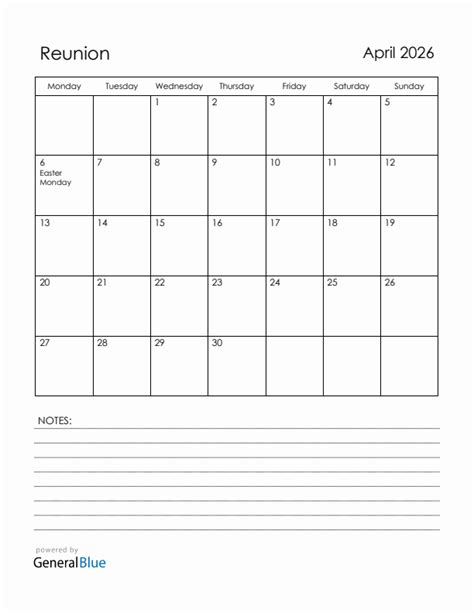 April 2026 Reunion Calendar With Holidays