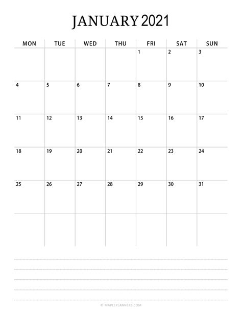 Monthly Calendar 2021 Vertical Layout Download Free