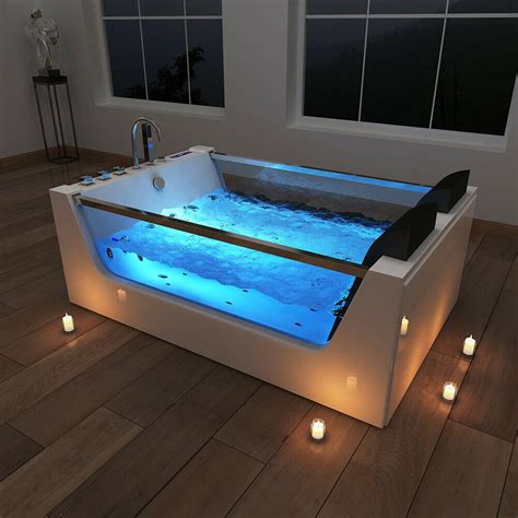 Freistehende Whirlpool Badewanne mit Massage Düsen Glas LED Heizung