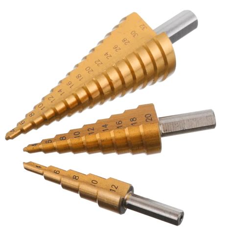 3pcsset Titanium Coated Step Cone Drills Bit Hss Drill Bit Set Hole Cutter For Woodworking Tool