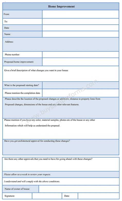Home Improvement Form Sample Forms