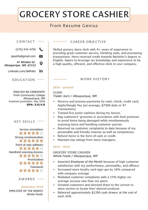 A cv (also known as a curriculum vitae, or résumé), is a written overview of your skills, education, and work experience. Grocery Store Cashier Resume Example & Tips | Resume ...