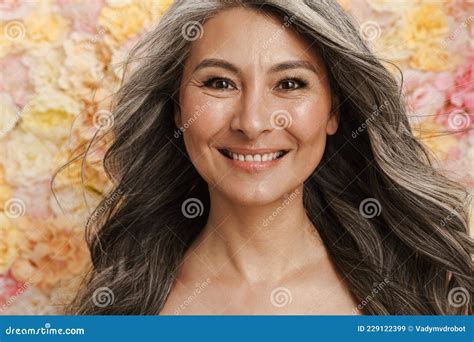 smiling mature topless woman standing posing stock image image of topless white 229122399