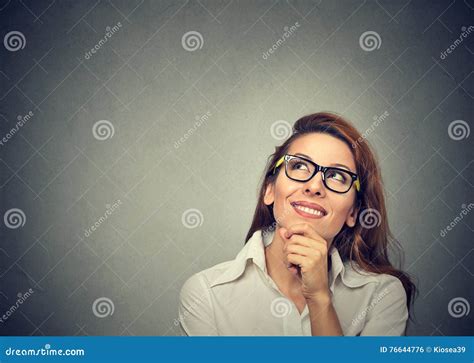 Happy Beautiful Woman Thinking Looking Up Stock Photo Image Of Look