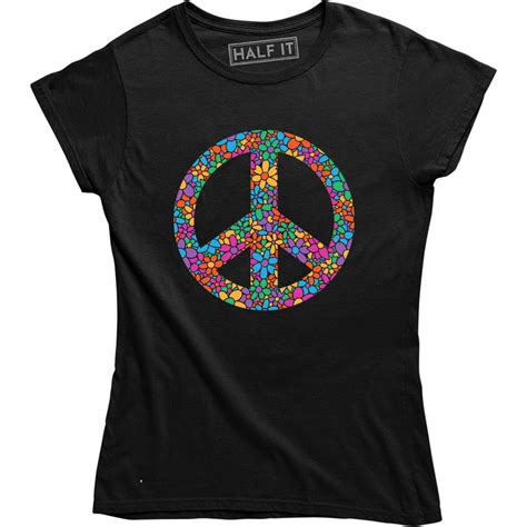 Half It Peace Sign Symbol Colorful Flower Design Short Sleeve Womens