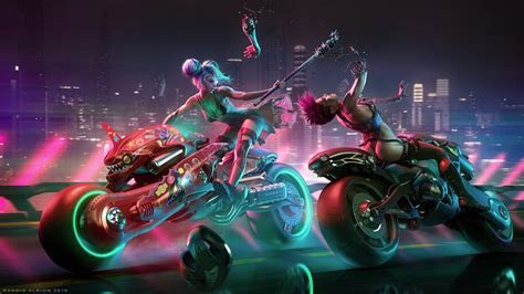 Cyberpunk Girls Motorcycle Race Battle 4k 41064 Wallpaper