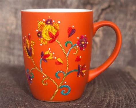 Hand Painted Orange Porcelain Coffee Mug With A Folk Floral Etsy