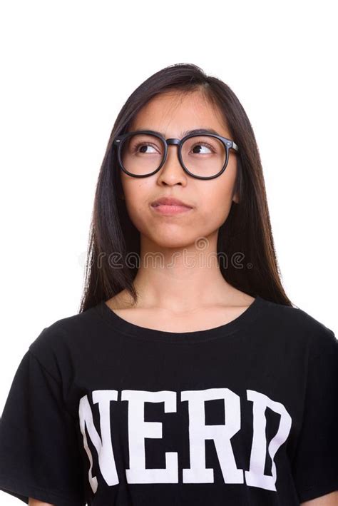 Close Up Of Young Asian Teenage Nerd Girl Thinking Stock Photo Image