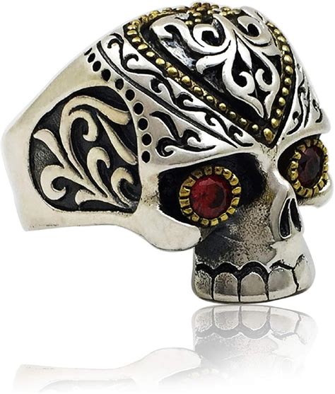 Sugar Skull Head Ring For Men Ruby Eye Skull Ring Gothic Red Eye