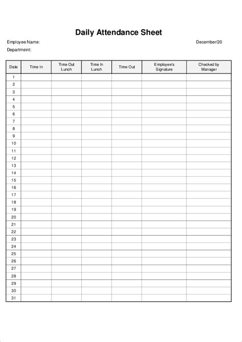Printable Weekly Attendance Sheet