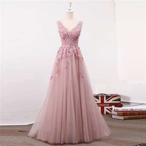 Elegant A Line V Neck Sleeveless Pink Tulle Long Prom Dress With Appliques P0977 On Luulla