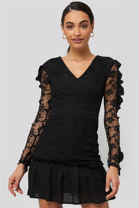 Frilly Lace Sleeve Mini Dress Black Na