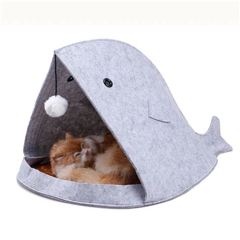 Lovely Shark Shape Pet Cat Felt House Bed With Ball Toy Pet Dog Cat Bed