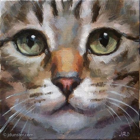 An Oil Painting Of A Cats Face With Green Eyes And Whiskers
