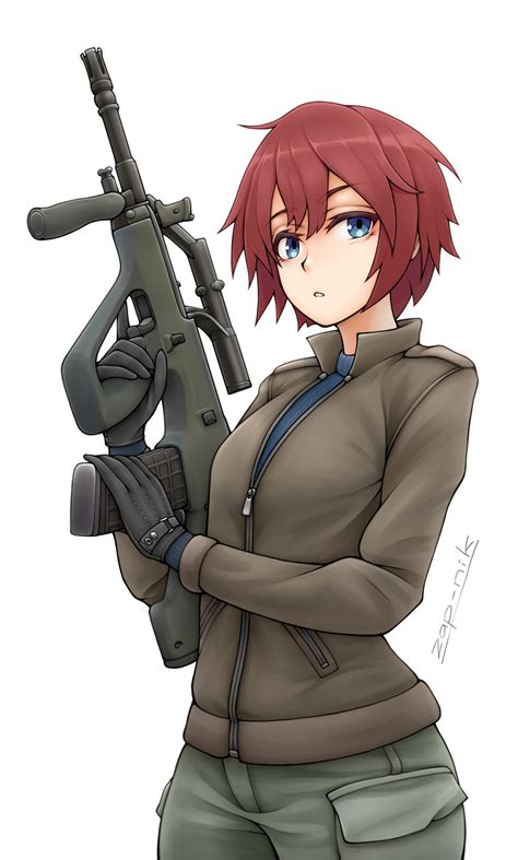 Safebooru 1girl Absurdres Assault Rifle Blue Eyes Bullpup Gun Highres Nikoro Original Redhead