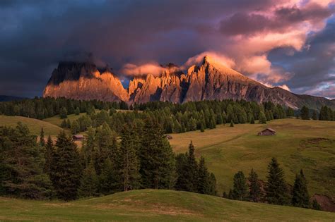 Dreamy Pixel Sunset At Alpe Di Siusi In The Dolomites Mountains
