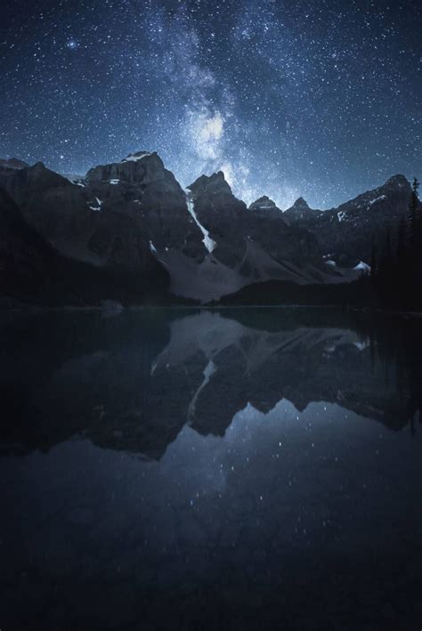 Blue Milkyway Galaxy Reflects At Moraine Lake Canada In Banff National