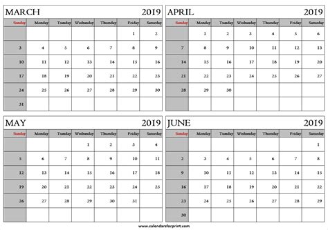 Mar To Jun 2019 Calendar 2019 Calendar Calendar March Calendar