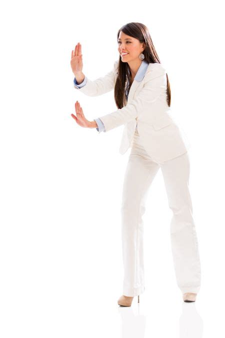 Business Woman Pushing Something With Her Hands Isolated Over White