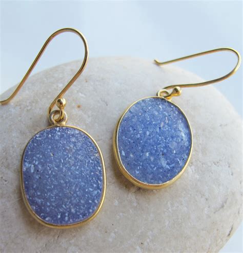 Blue Druzy Oval Dangle Earring Blue Gold Drop Earring Real Druzy