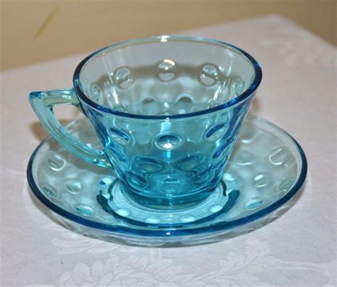 Vintage Hazel Atlas Capri Dots Cup And Saucer Turquoise Blue Azure Aqua