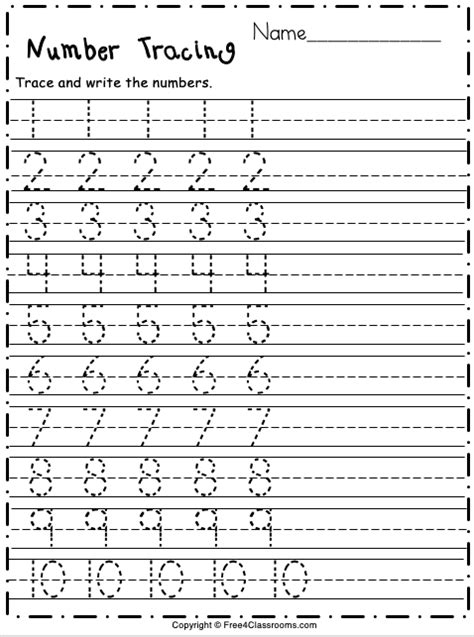 free number tracing 1 to 10 for pre k and kindergarten