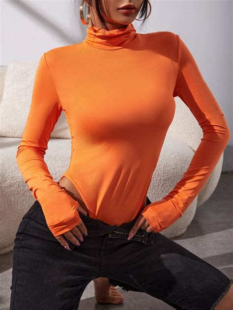 Orange Things Plain Tees Womens Bodysuit Neon Orange Funnel Neck Turtlenecks Bodysuits
