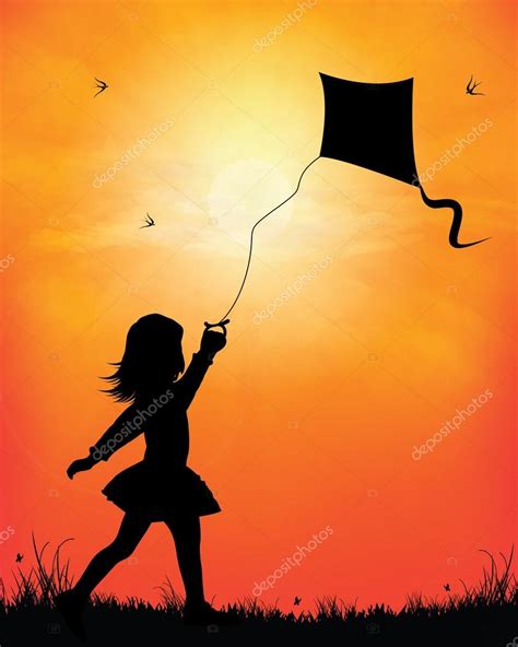 Girl Flying Kite In Sunset Background Vector Illustration Stock Vector By ©fjono 35612521