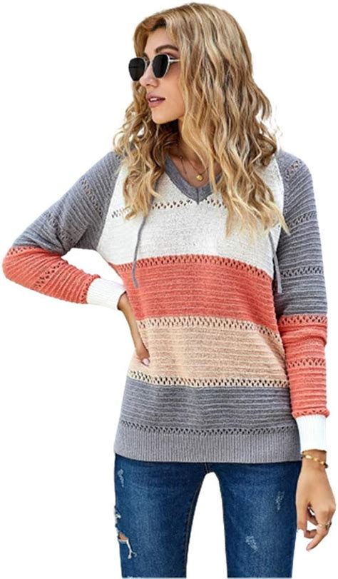 women s knitted hoodies sweaters striped color block hooded long sleeve lightweight drawstring