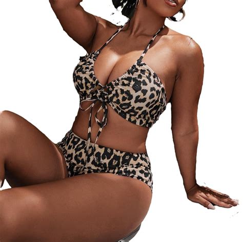 Sexy Leopard Print Halter Multicolor Plus Size Bikini Sets Womens Plus