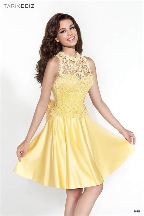 High Neck Elegant 2017 Short Prom Dresses Yellow A Line Gowns Bow Lace