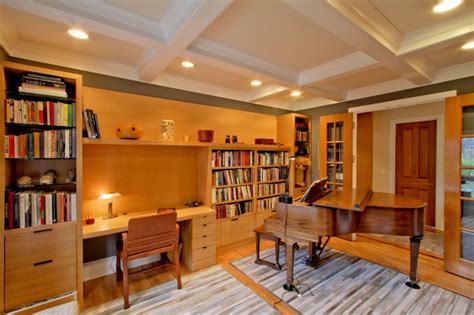 Quarter Sawn White Oak Deskbookcase Wall And Coffered Ceiling Library Transitional Home