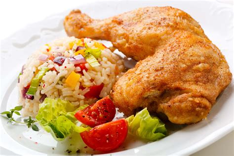 Fried Rice With Salad And Fried Chicken On White Ceramic Plate Hd
