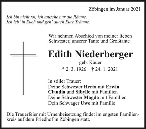 Traueranzeigen Von Edith Niederberger Schwaebische De Trauerportal My