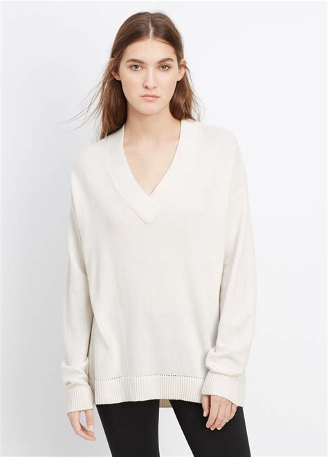 Vince Cashmere Pointelle Trim V Neck Sweater In White Lyst