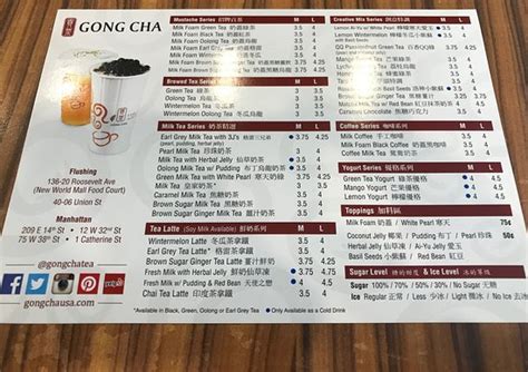 Gong cha descriptive menu offering fresh bubble tea and toppings to our customers everyday. Gong Cha Chinatown, New York City - 1 Catherine St ...