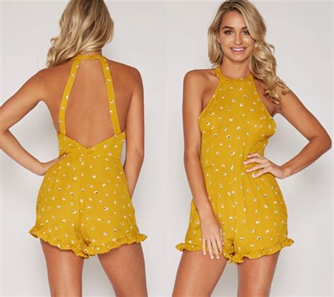Rompers Womens Jumpsuit Backless Sexy Bodysuit 2017 Summer Beach Playsuit Yellow Printed Cute