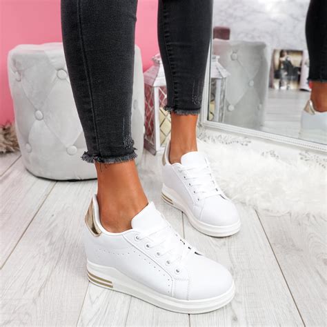 Womens Ladies Lace Up Wedge Trainers Heel Sneakers Shiny Party Women