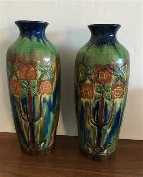 2 Antique Belgium Arts And Crafts Pottery Vases