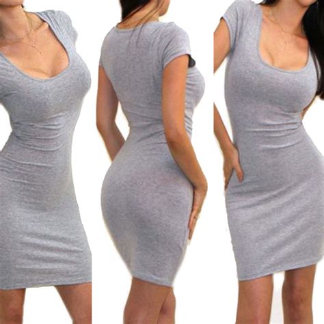 Womens Slim Short Sleevepencil Skirt Stretch Skinny Tight Mini Dress Long Tops Ebay