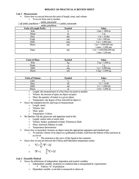 Lab Practical 1 Study Guide Biology 101 Practical 1 Review Sheet Lab