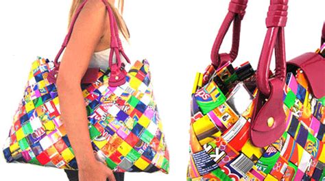 A Woman Carrying A Multicolored Handbag Made Out Of Many Different