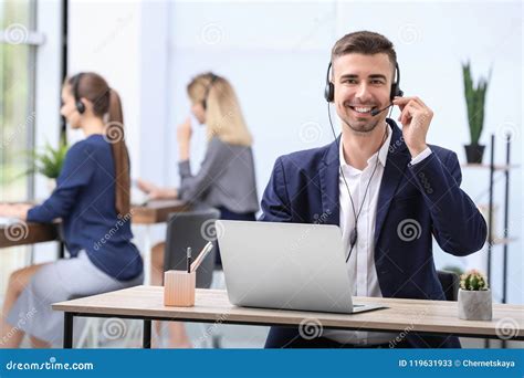 Male Receptionist With Headset At Desk Stock Image Image Of Company